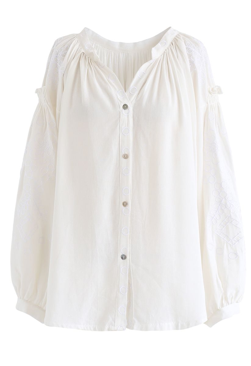 Button Down Embroidered Loose Shirt in Ivory