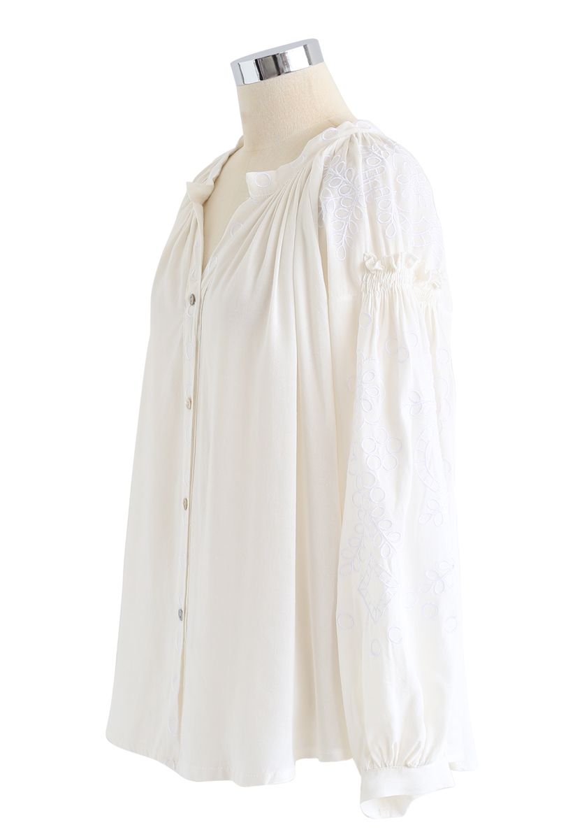 Button Down Embroidered Loose Shirt in Ivory