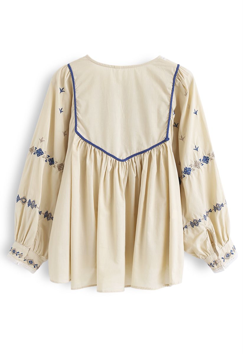 Embroidered Hi-Lo Boho Dolly Top in Light Tan