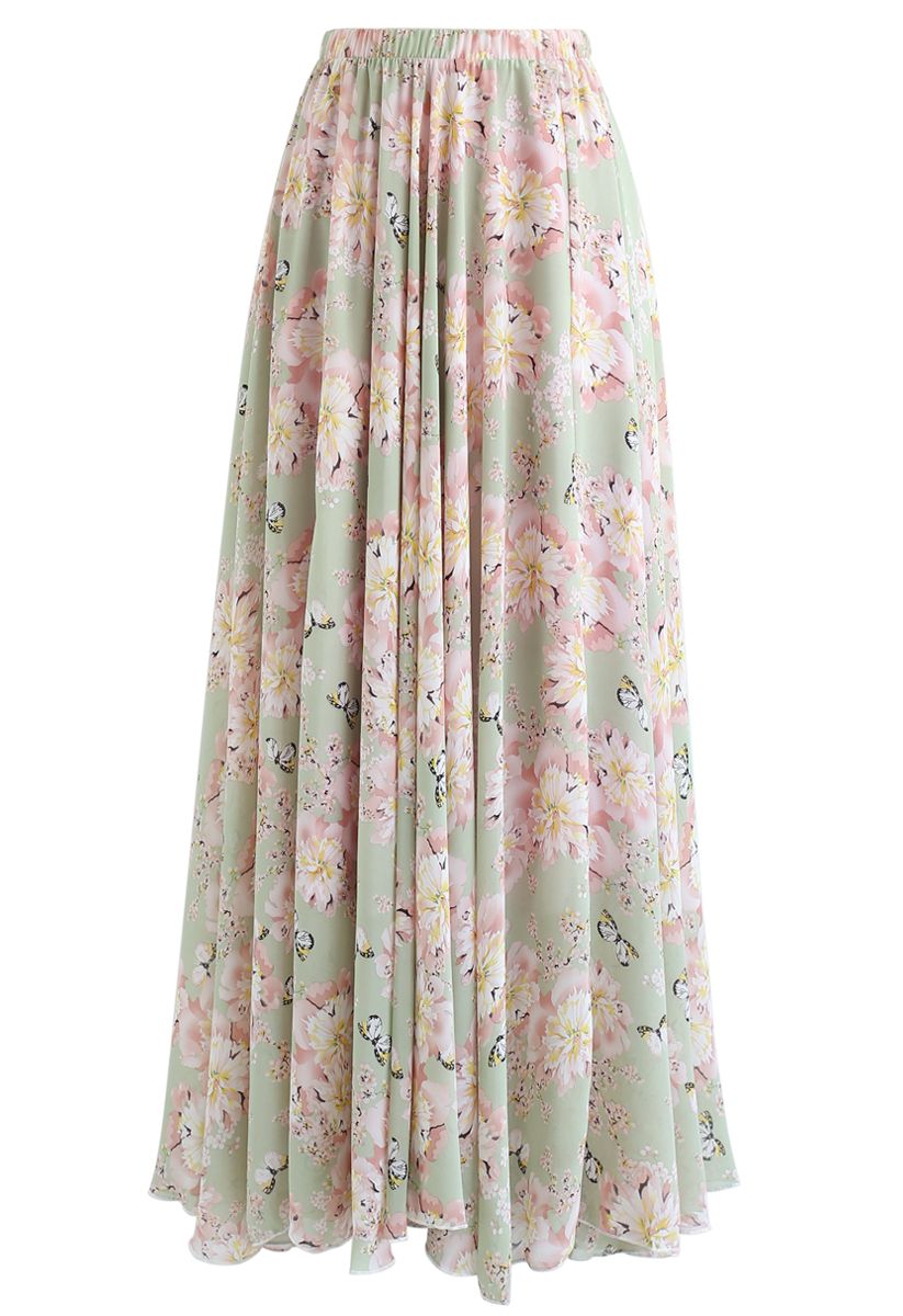 Butterfly and Floral Print Chiffon Maxi Skirt in Pistachio