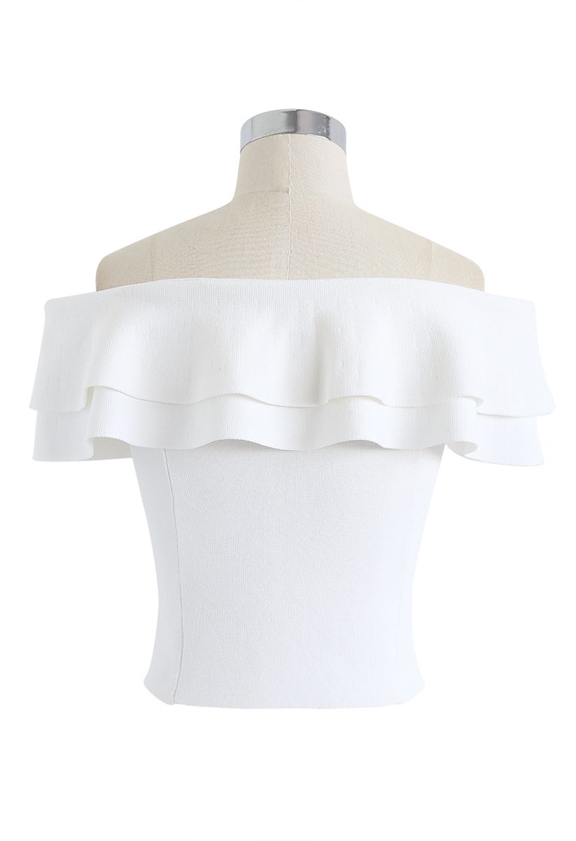 Off-Shoulder Tiered Cropped Knit Top in White