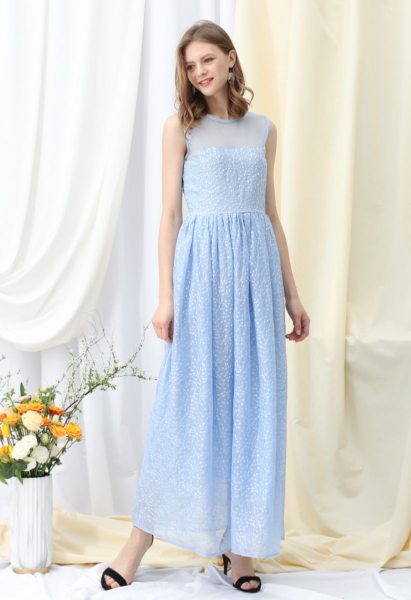Mesh Spliced Floret Embroidered Maxi Dress in Blue