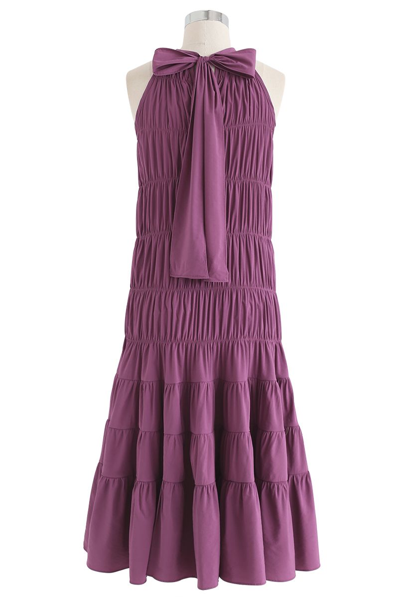 Bowknot Pleated Halter Dress in Plum