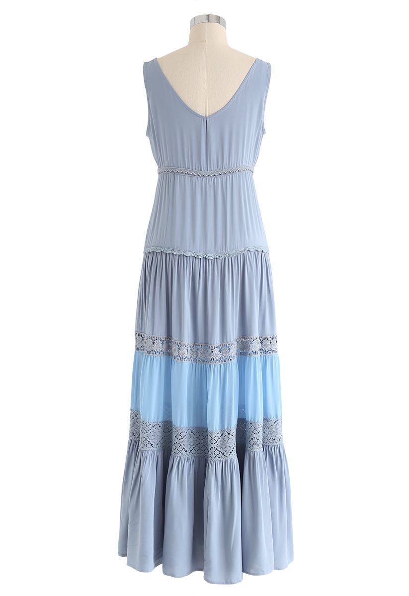 Crochet Trims Panelled Button Down Sleeveless Maxi Dress in Dusty Blue