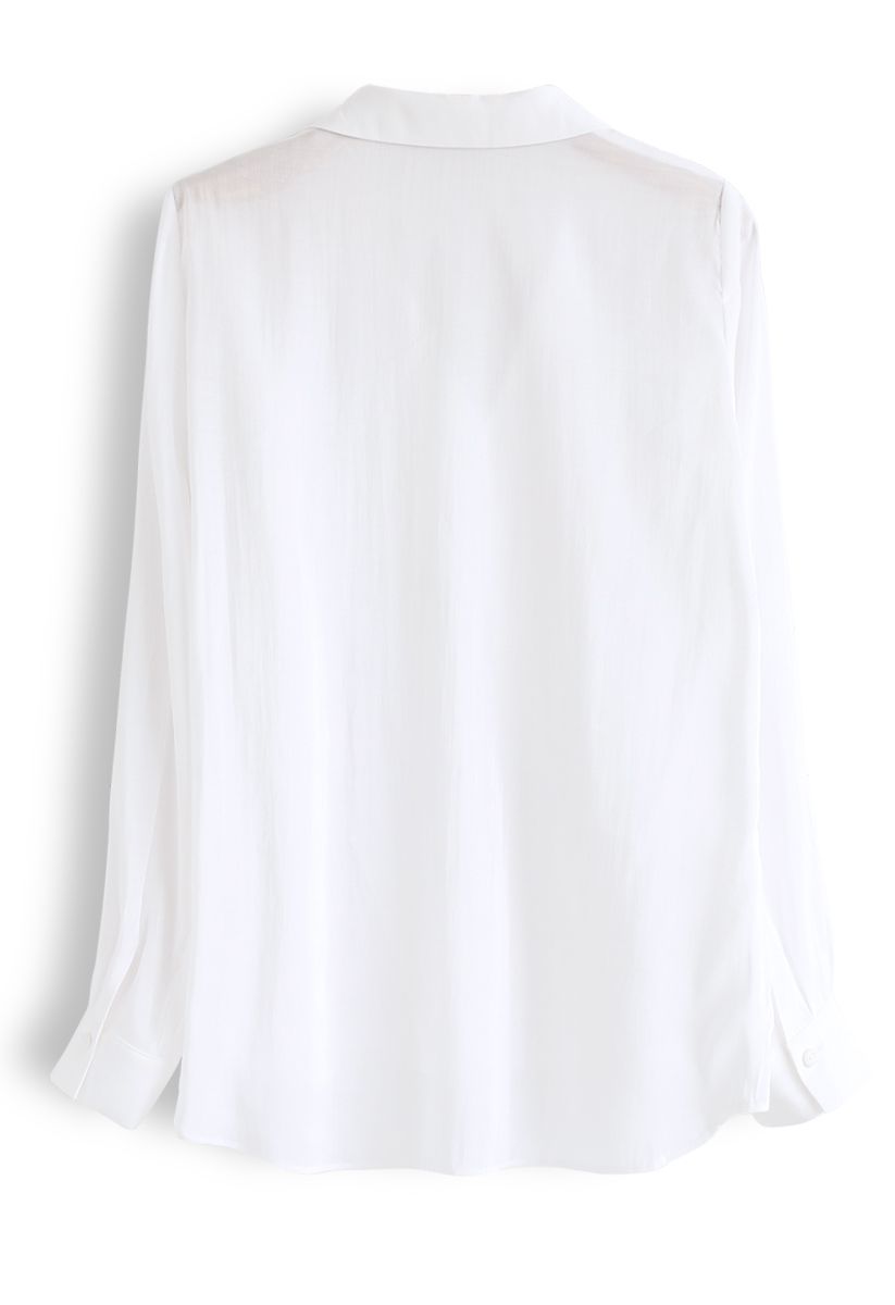 Hi-Lo Hem V-Neck Ruffle Front Shirt in White