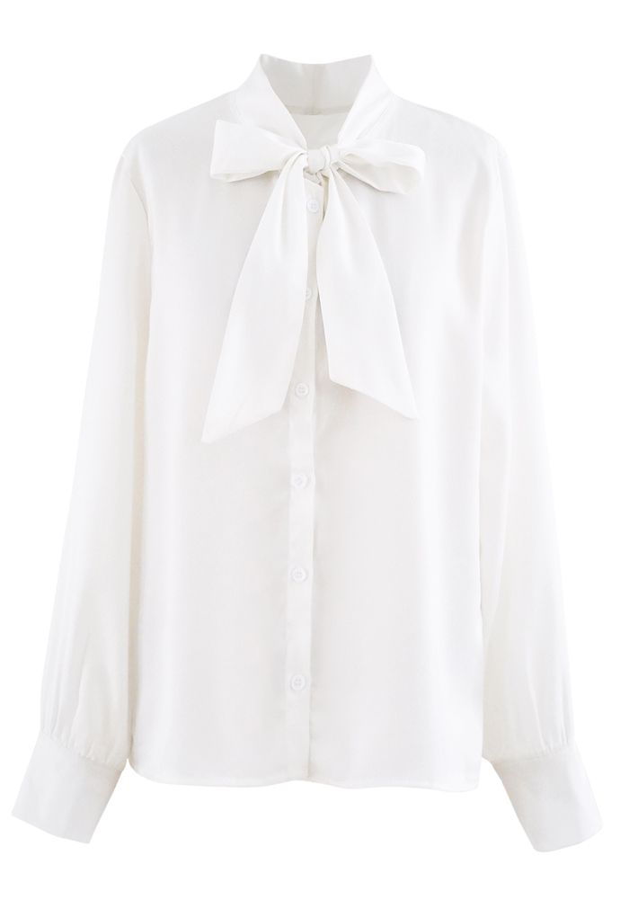 Bowknot Tie Neck Button Down Shirt in White