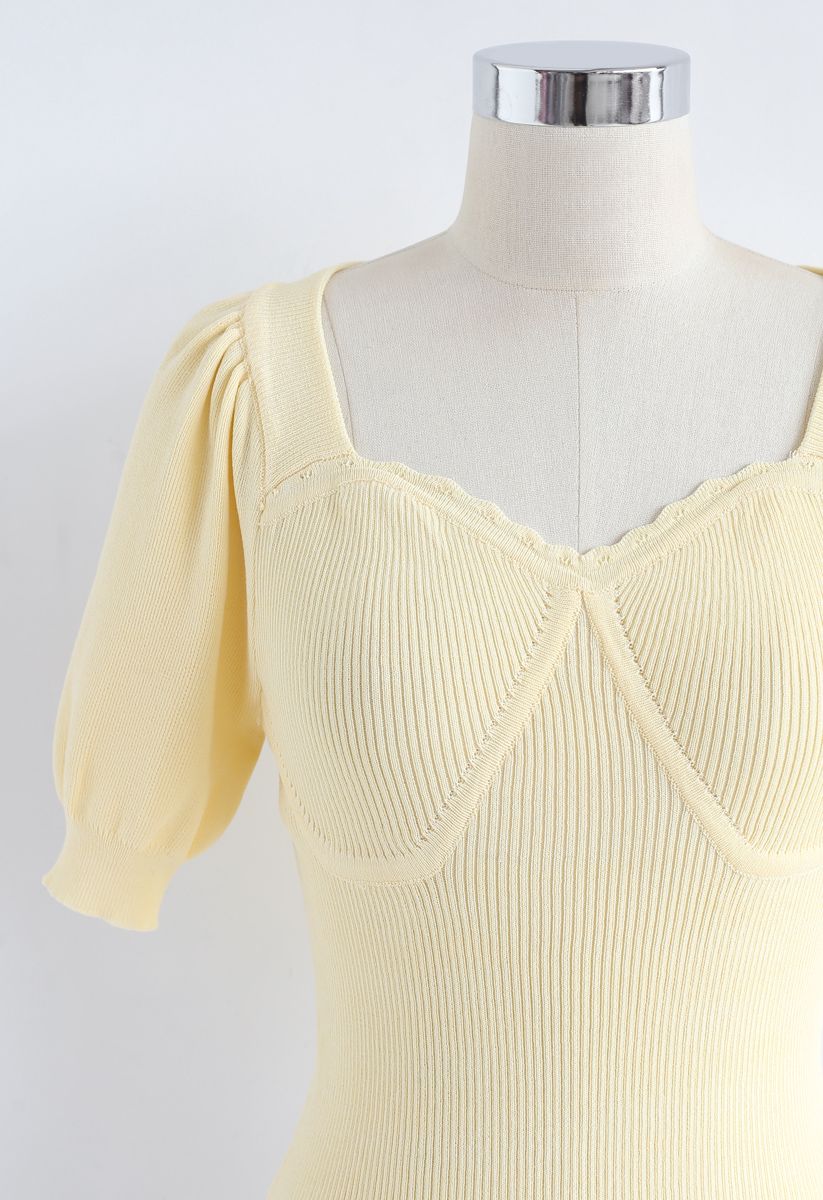 Sweetheart Neck Fitted Ribbed Knit Top in Yellow
