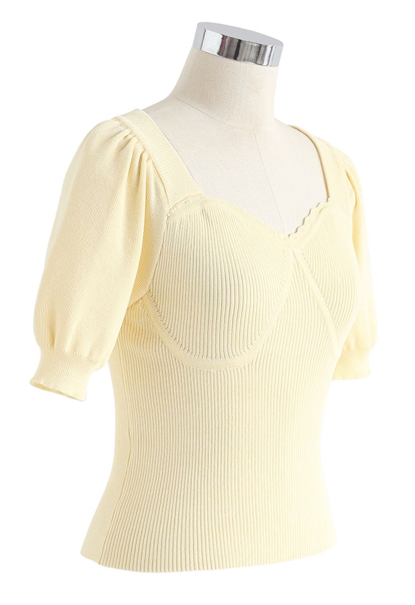 Sweetheart Neck Fitted Ribbed Knit Top in Yellow