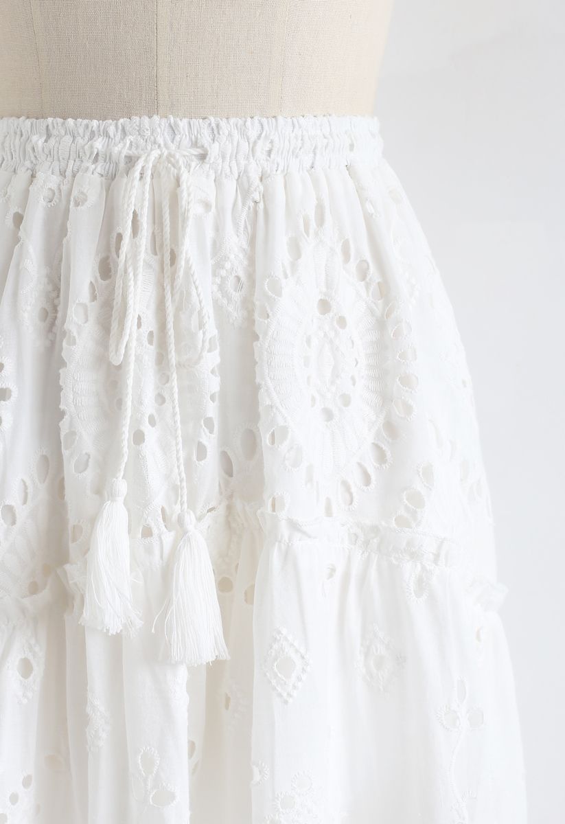 Broderie Anglaise Tassel Midi Skirt in White