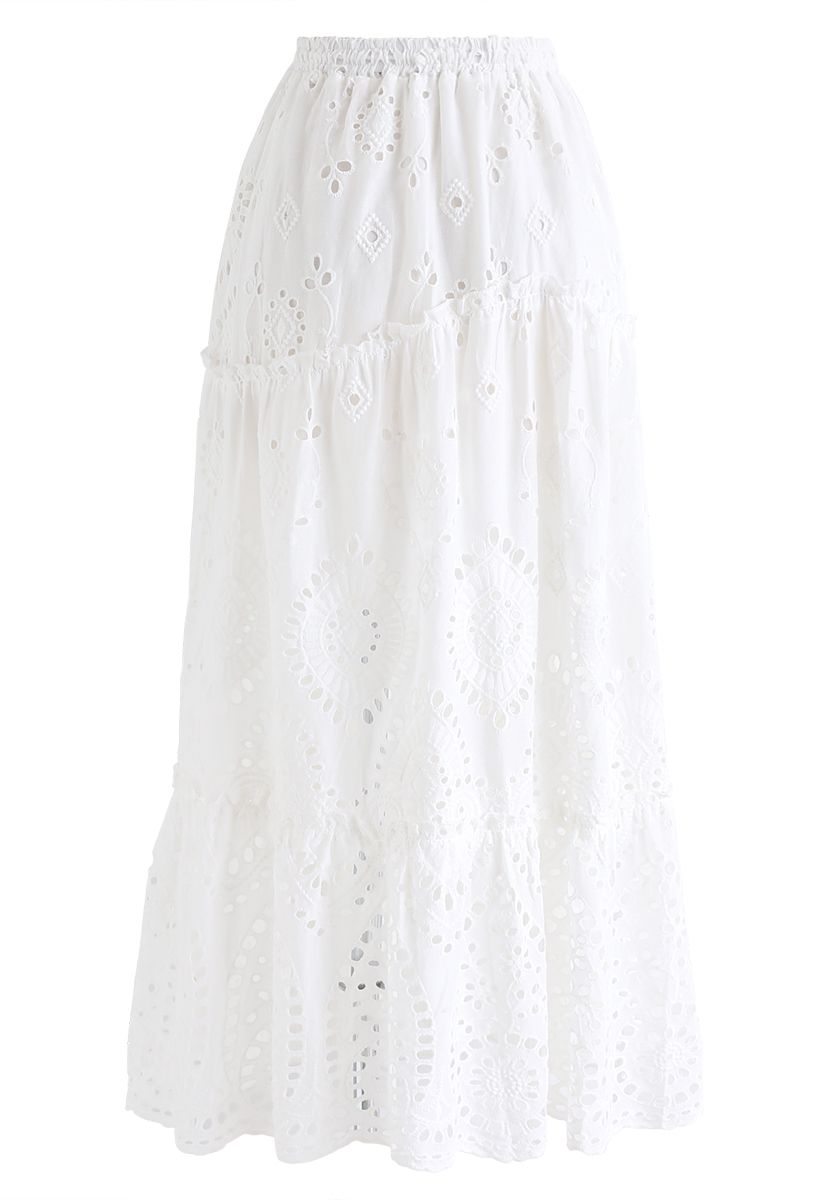 Broderie Anglaise Tassel Midi Skirt in White