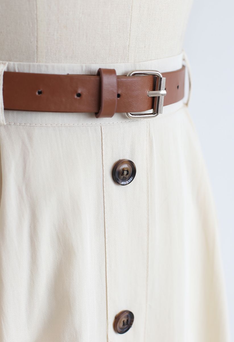 Buttoned Belted A-Line Midi Skirt in Cream