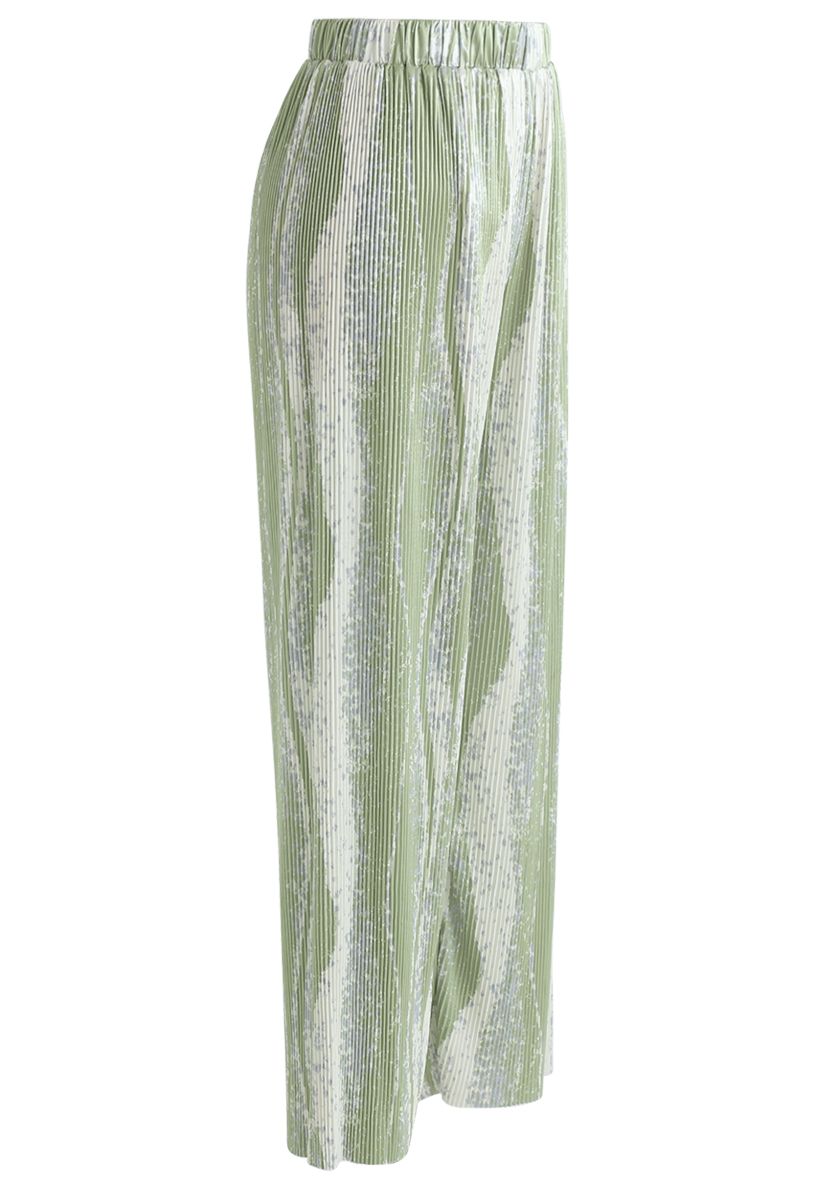 Contrast Color Print Pleated Wide-Leg Pants in Green