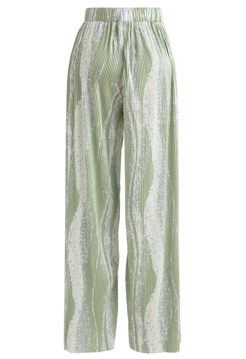 Contrast Color Print Pleated Wide-Leg Pants in Green