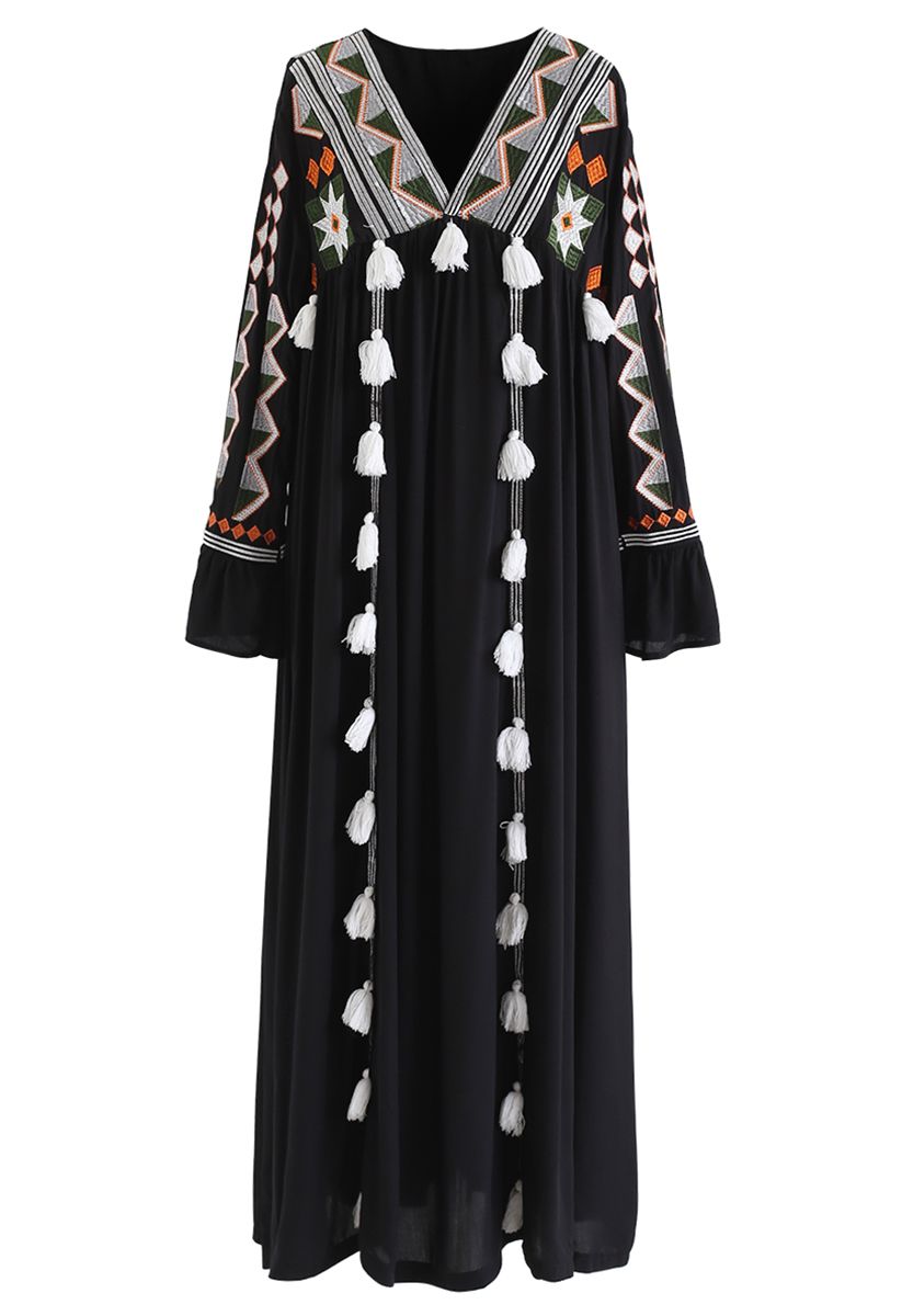 Geometric Embroidered Tassel Boho Maxi Dress in Black