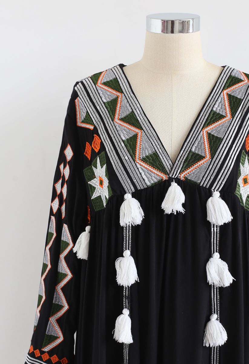 Geometric Embroidered Tassel Boho Maxi Dress in Black