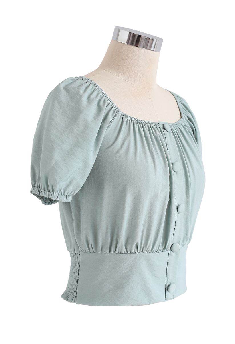 Square Neck Buttoned Front Cropped Top in Mint