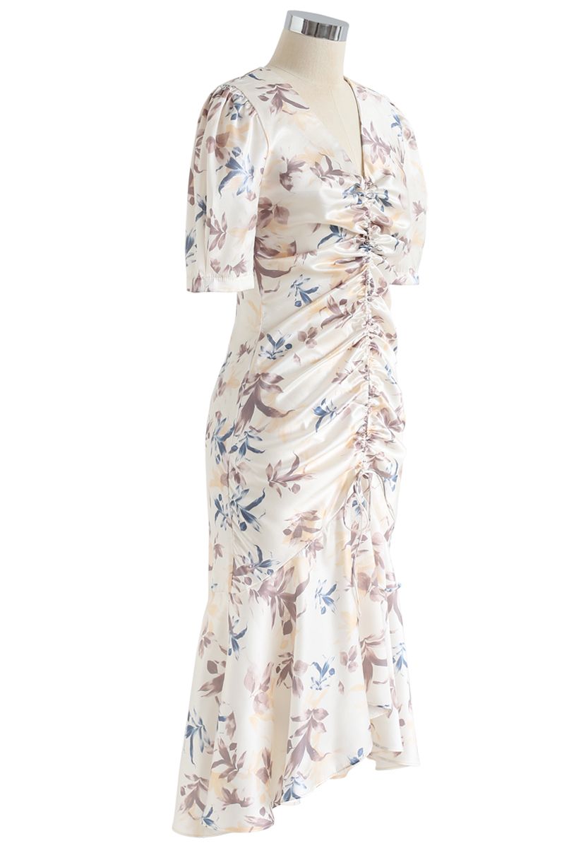 Flounced Hem Drawstring Floral Dress in Cream