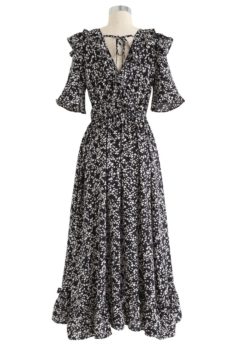 Marguerite Print V-Neck Ruffle Dress in Black
