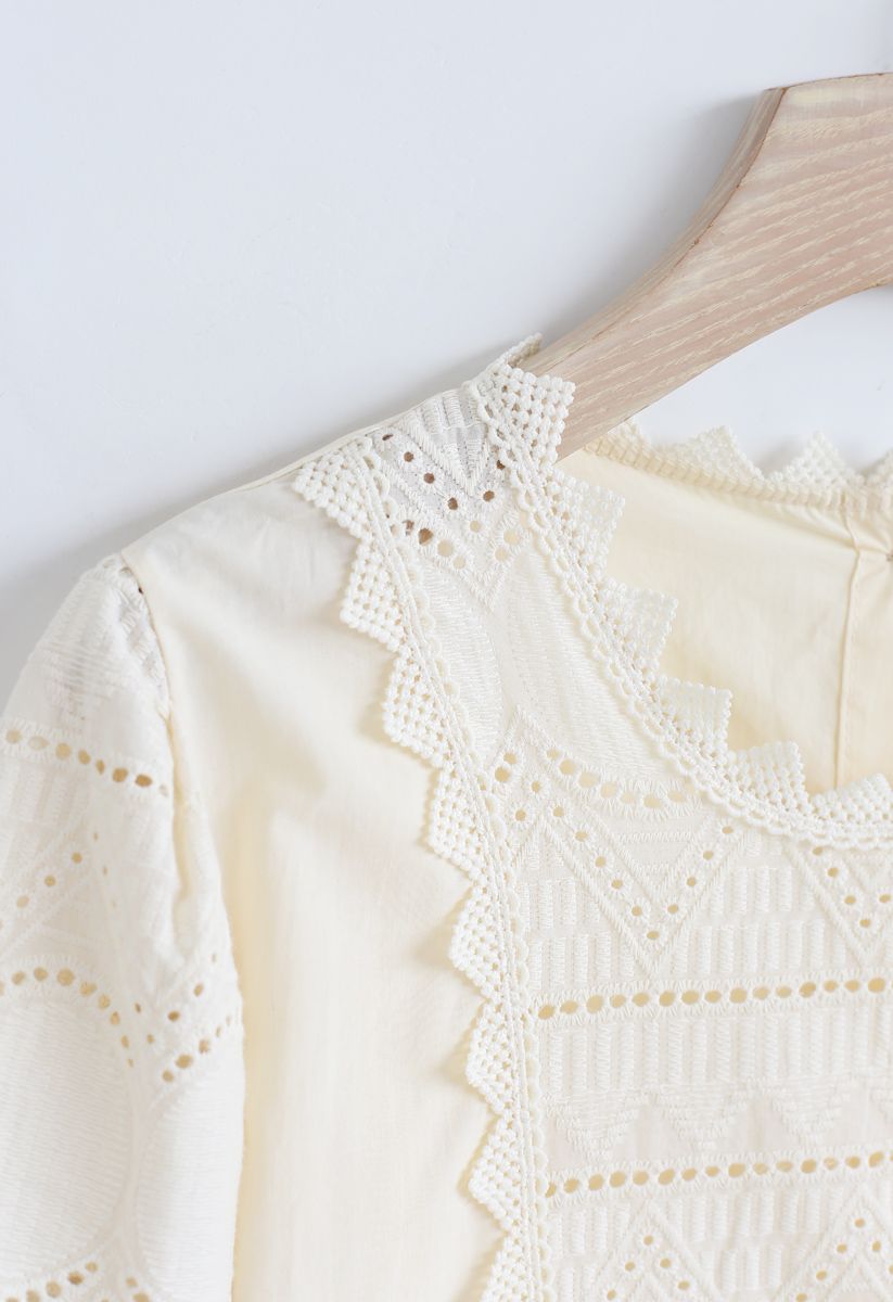 Zigzag Crochet Embroidery Button Down Top in Cream