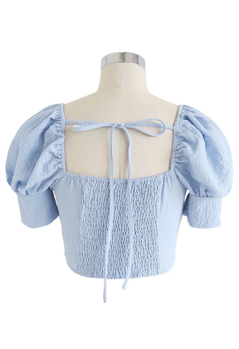 Shirred Back Sweetheart Neck Crop Top in Baby Blue