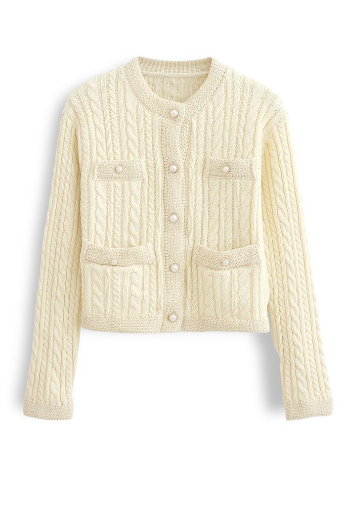 Metallic Edge Button Down Cable Knit Cardigan in Yellow