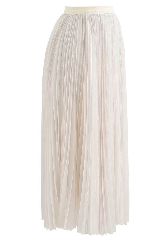 Glittering Mesh Pleated Midi Skirt in Cream