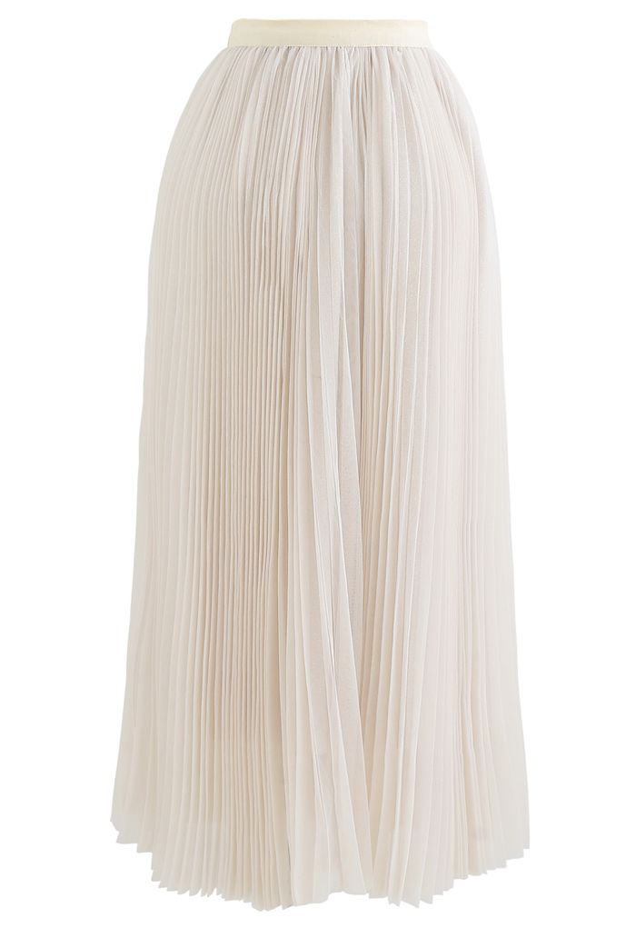 Glittering Mesh Pleated Midi Skirt in Cream