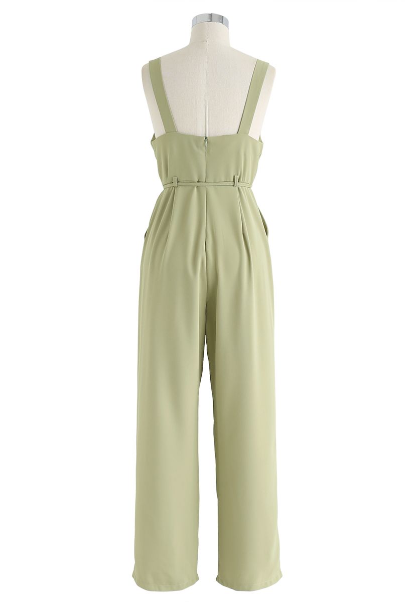 Belted Pockets Wide-Leg Cami Jumpsuit in Pistachio