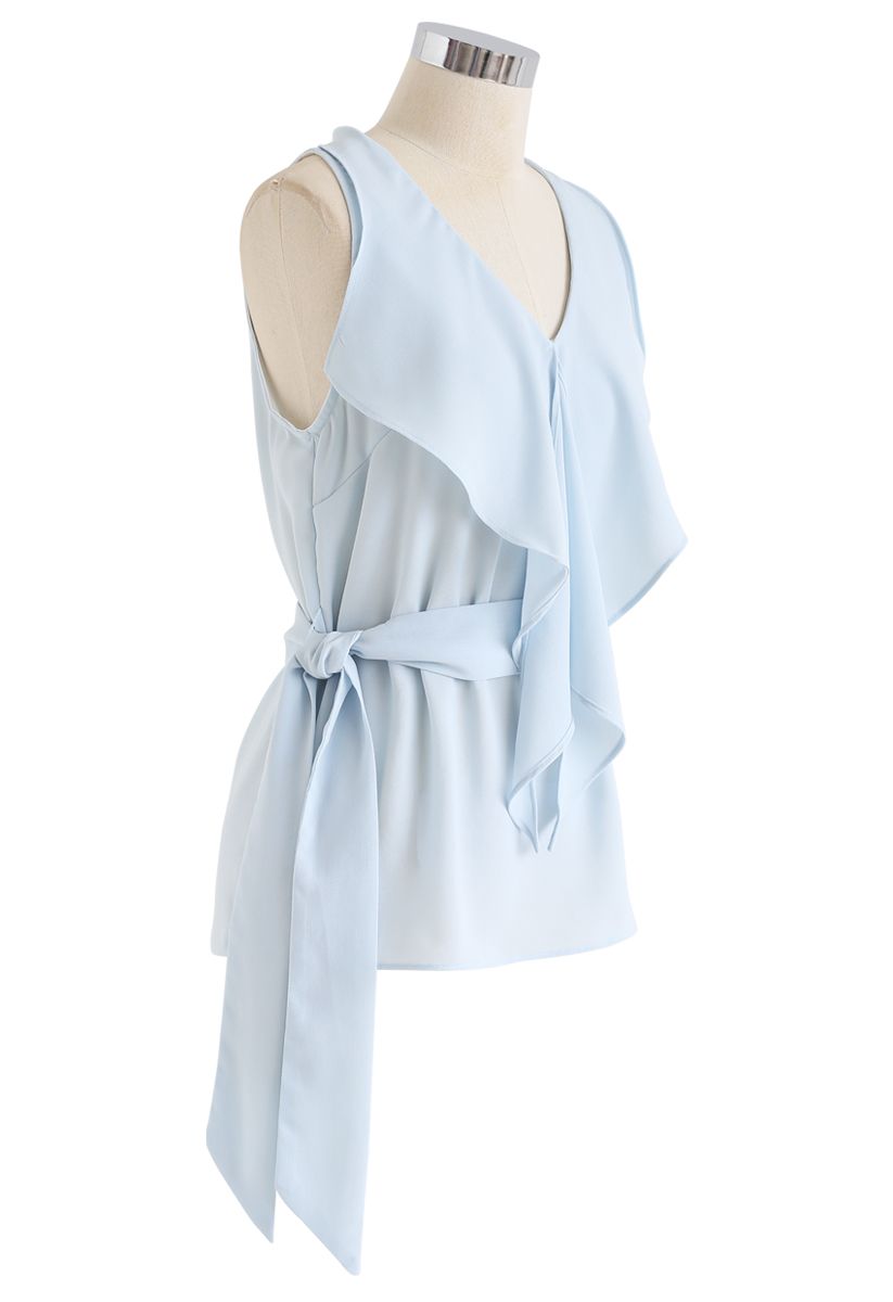Ruffle Belted Sleeveless Top in Baby Blue
