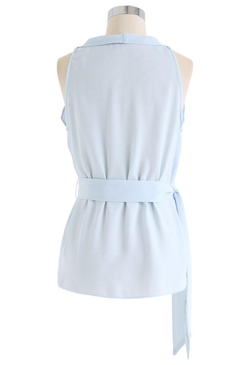 Ruffle Belted Sleeveless Top in Baby Blue