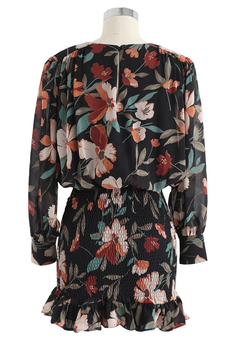 Floral Print Shirred Ruffle Chiffon Dress