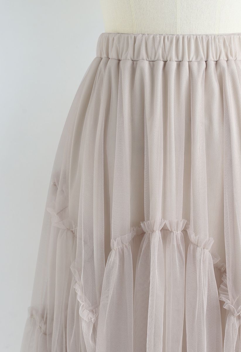 Ruffle Detail Asymmetric Mesh Tulle Skirt in Dusty Pink