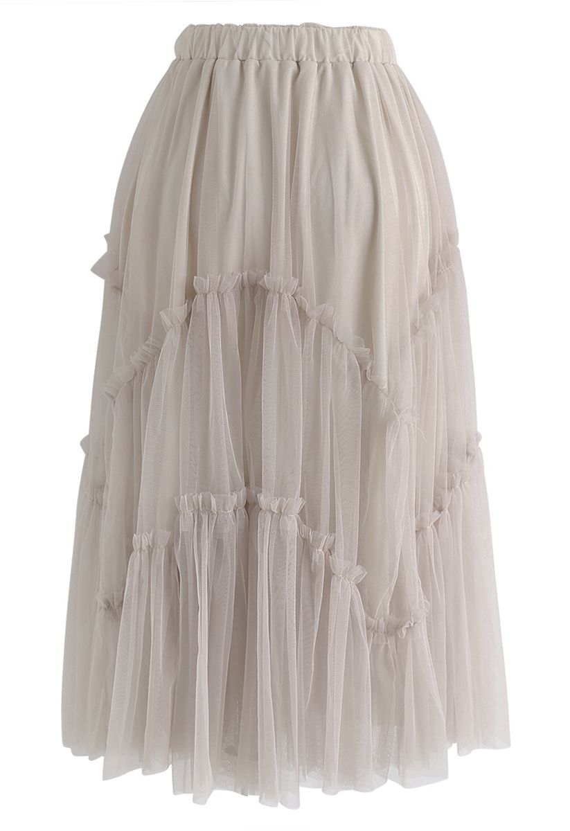 Ruffle Detail Asymmetric Mesh Tulle Skirt in Dusty Pink