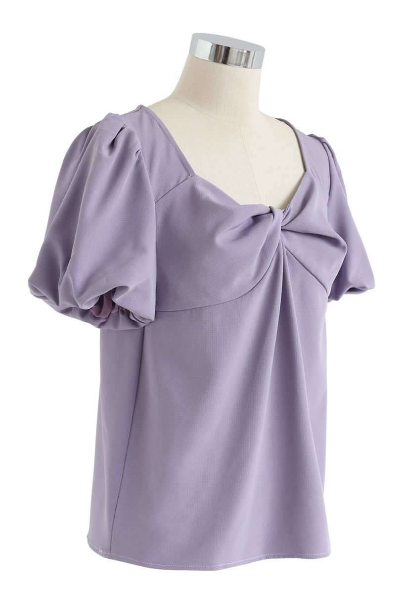 Bubble Sleeves Twisted Top in Purple