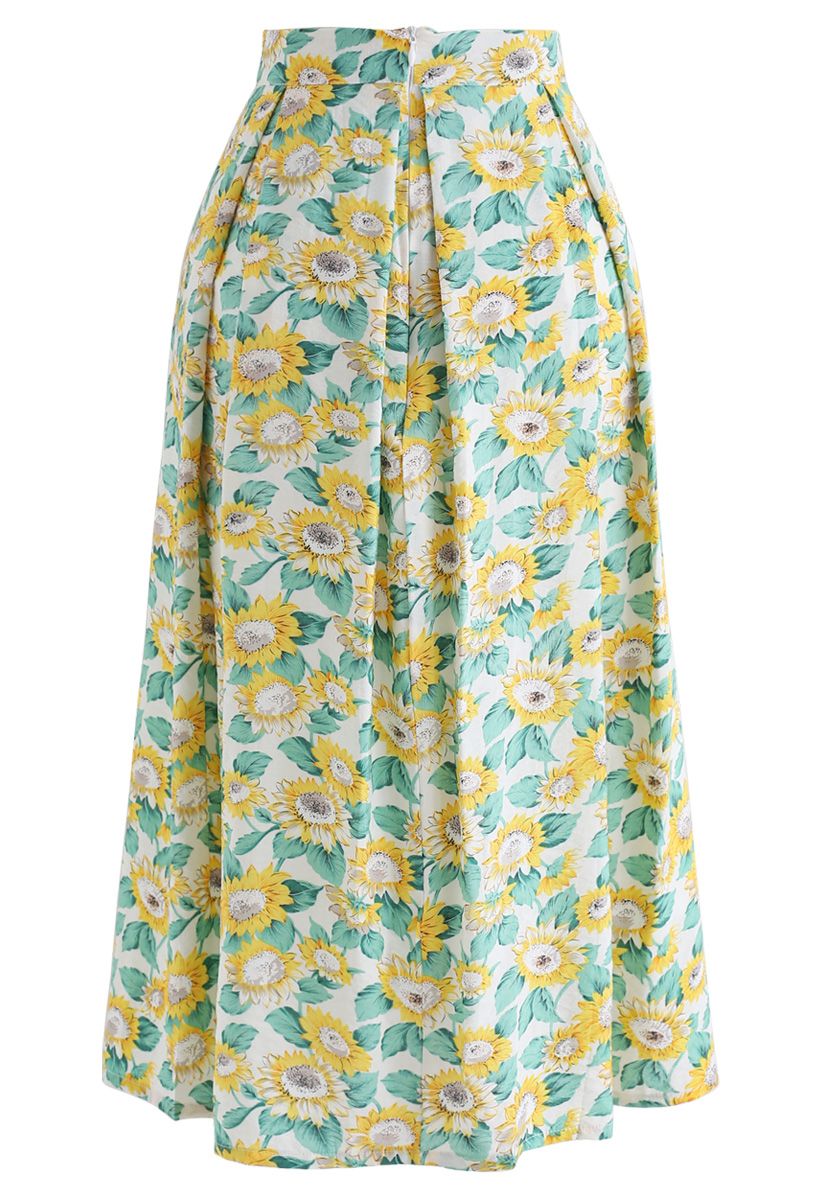 Sunflowers Print A-Line Midi Skirt