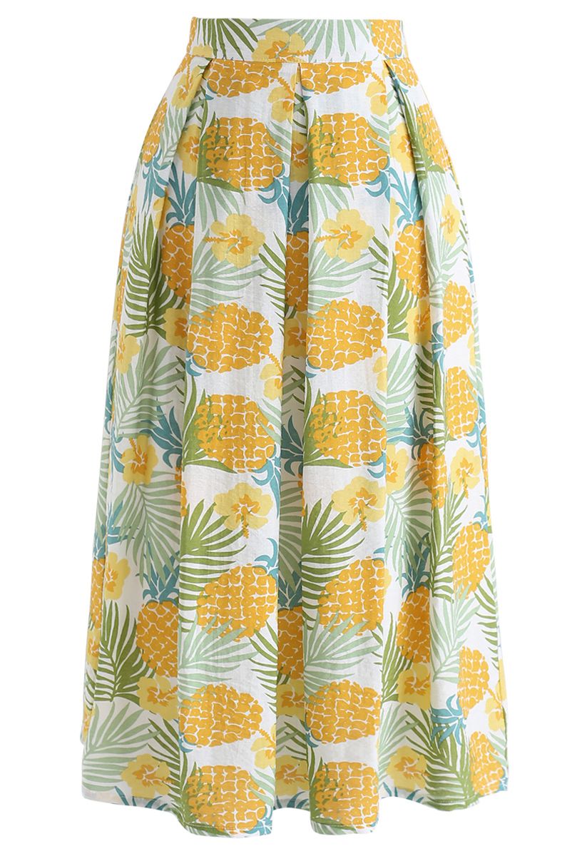 Pineapple Print A-Line Midi Skirt