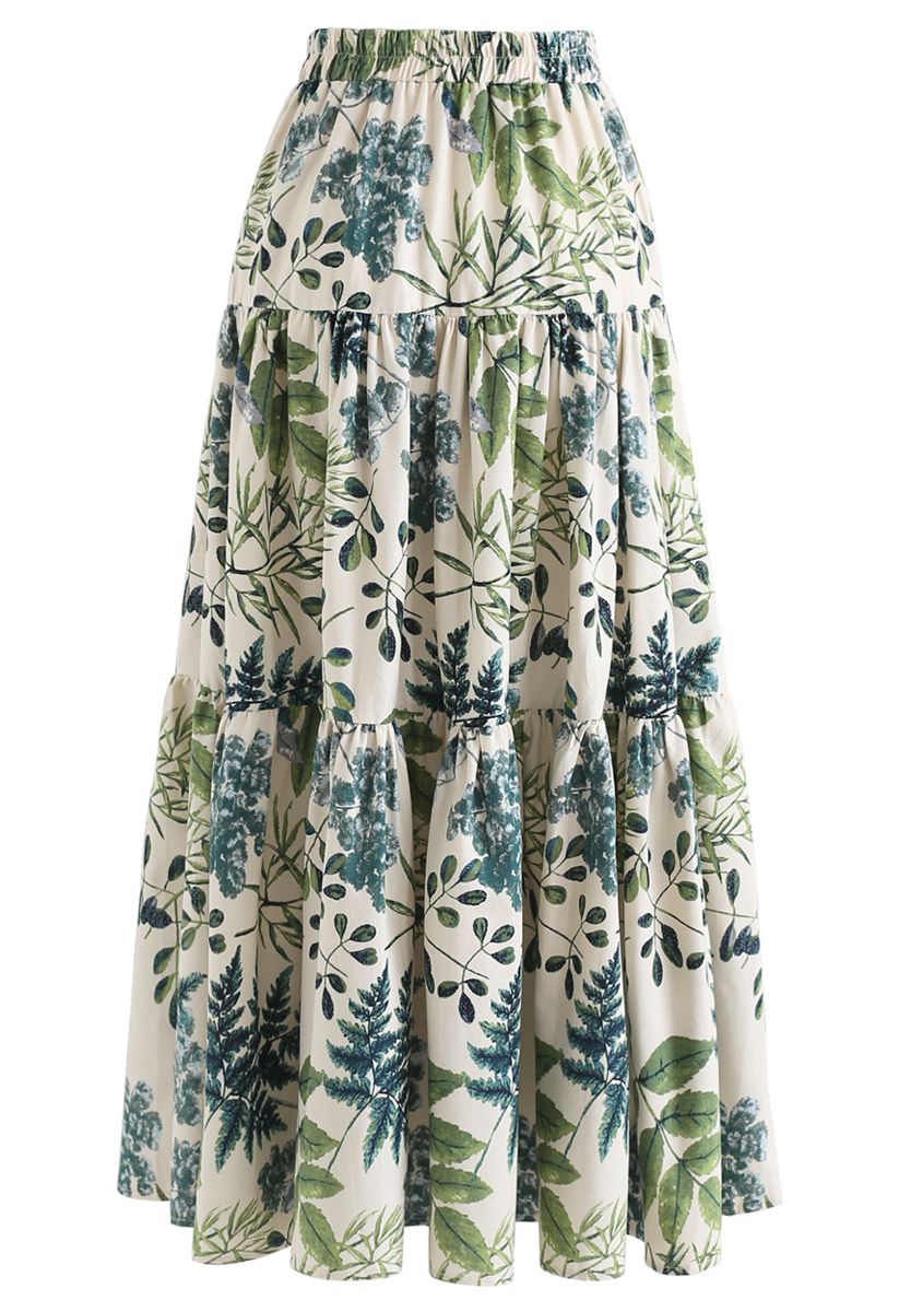 Natural Leaves Printed Linen-Blend Maxi Skirt