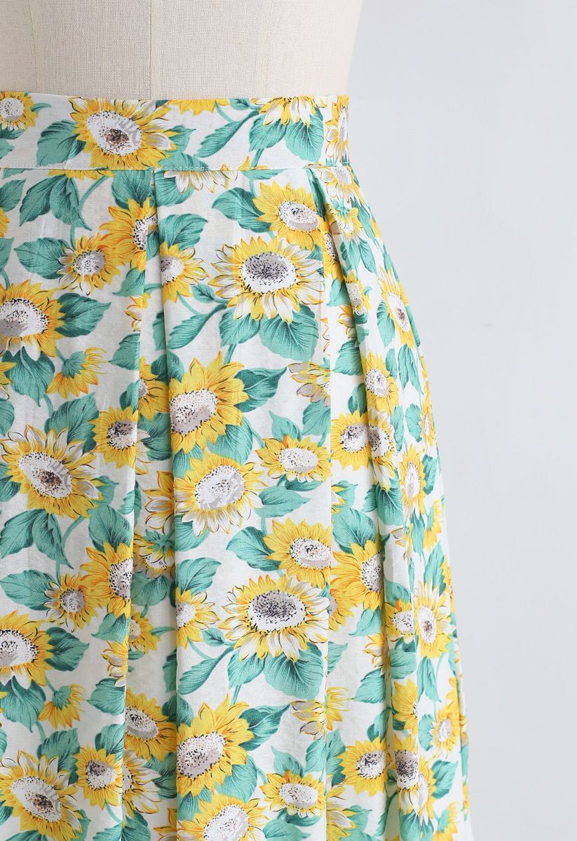Sunflowers Print A-Line Midi Skirt