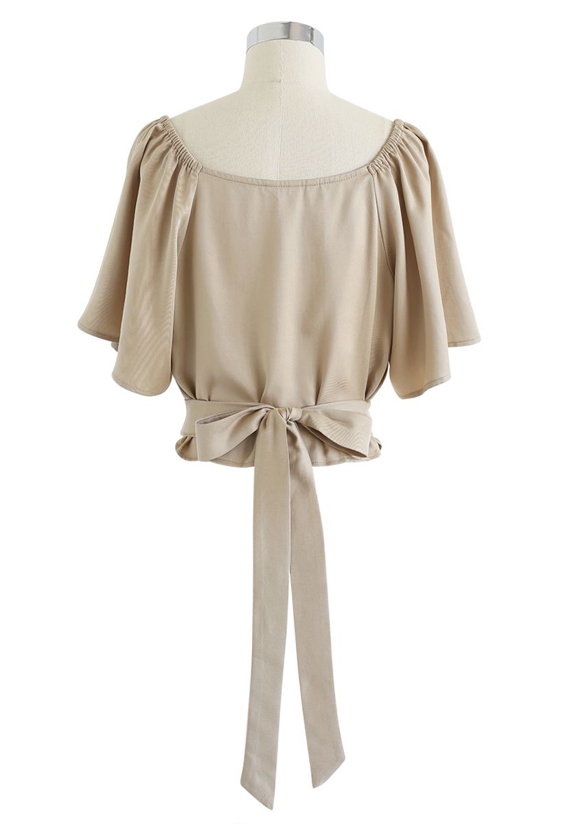 Horn Button Sweetheart Neck Bowknot Crop Top in Tan
