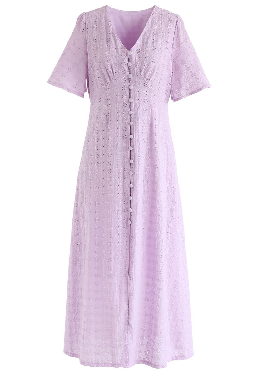 Eyelet Embroidery Button Down Dress in Lilac
