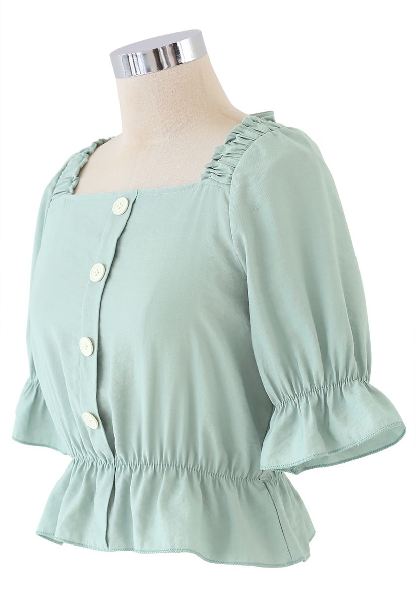 Button Embellished Square Neck Crop Top in Mint