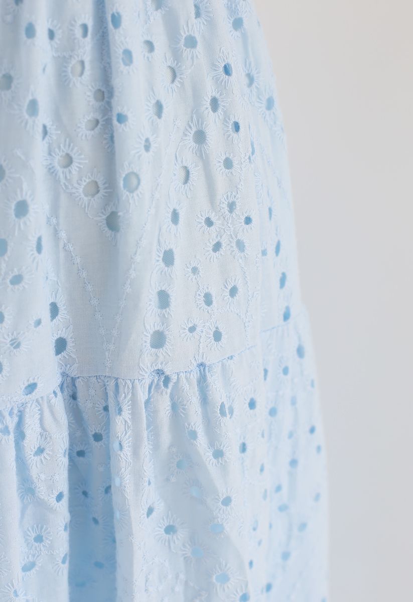 Frill Hem Broderie Cotton Midi Skirt in Baby Blue