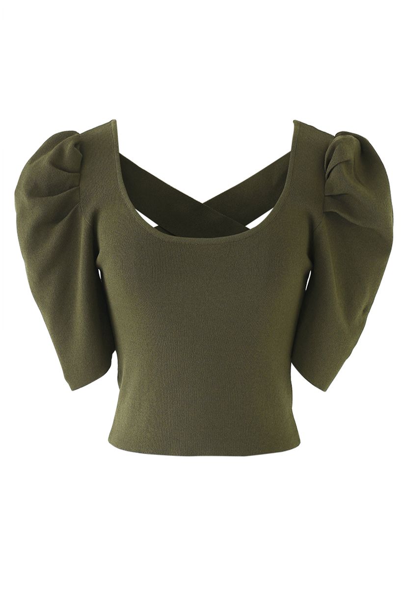 Cross Back Puff Mid-Sleeve Knit Top in Army Green