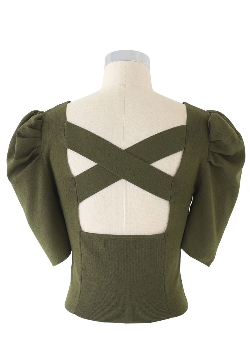 Cross Back Puff Mid-Sleeve Knit Top in Army Green