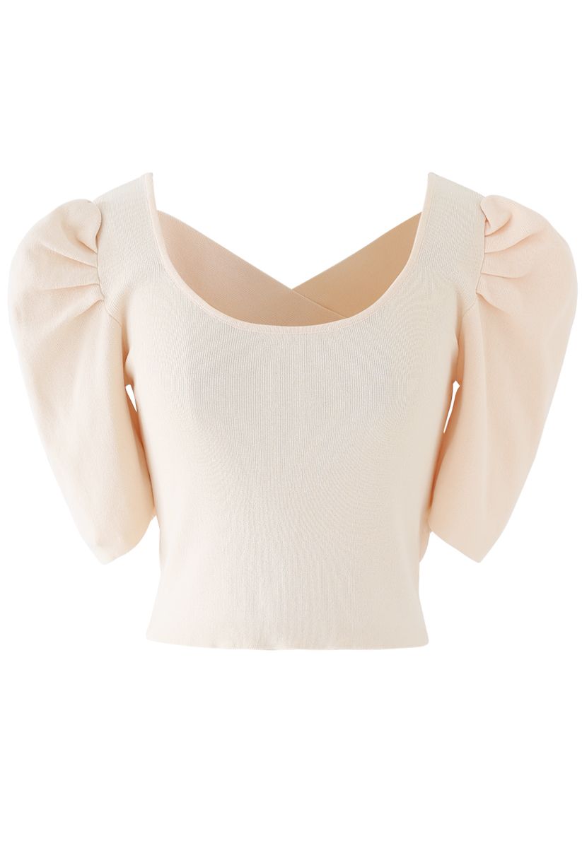 Cross Back Puff Mid-Sleeve Knit Top in Cream