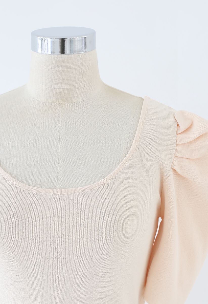 Cross Back Puff Mid-Sleeve Knit Top in Cream