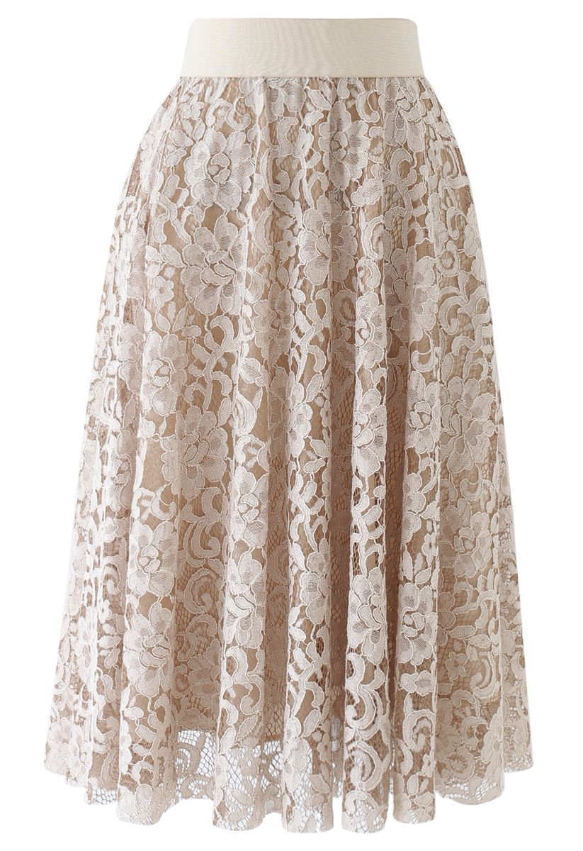 Full Floral Lace Midi Skirt in Light Tan