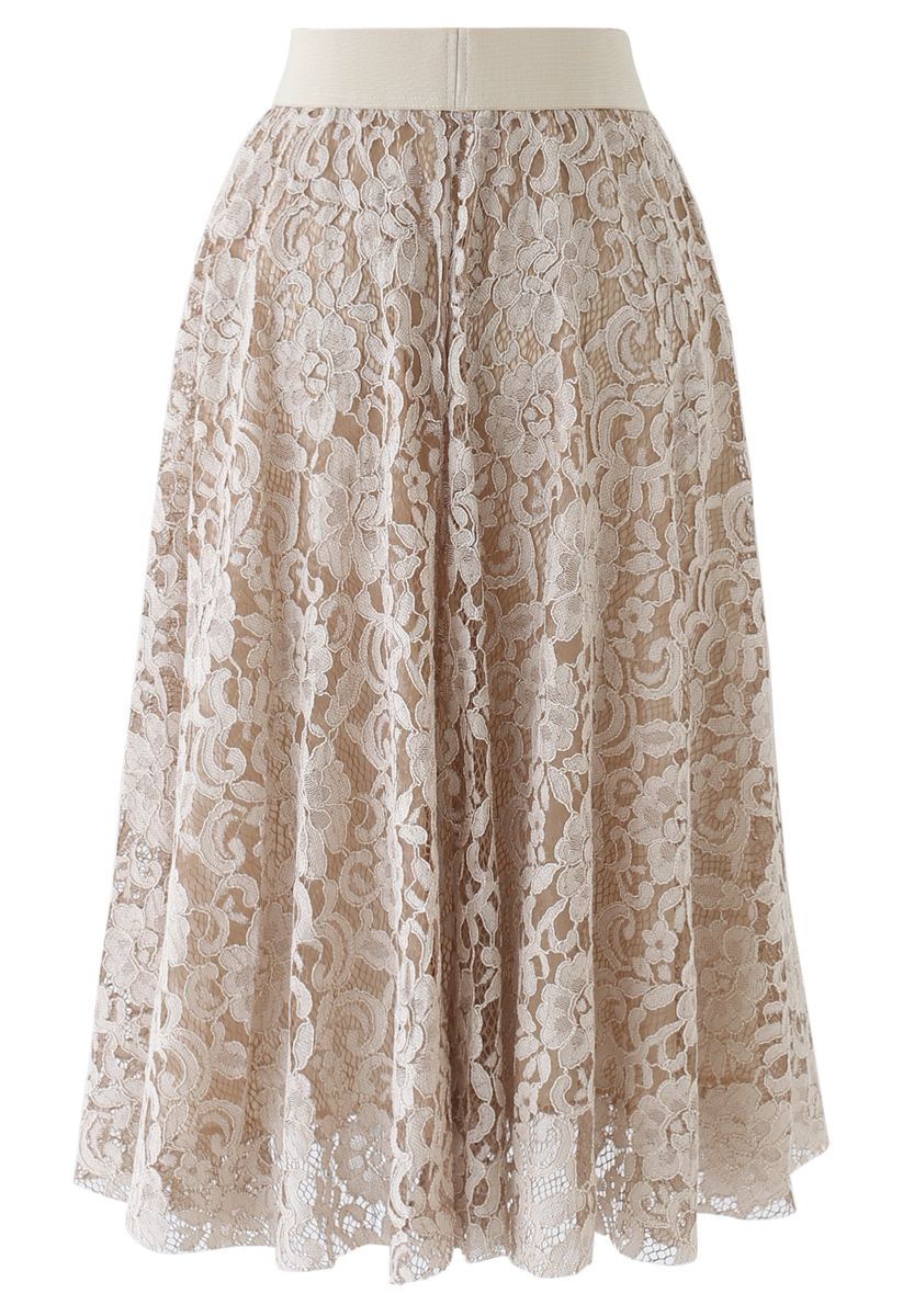 Full Floral Lace Midi Skirt in Light Tan