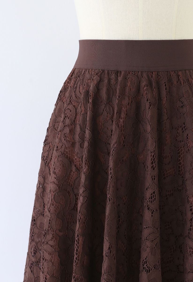 Full Floral Lace Midi Skirt in Brown