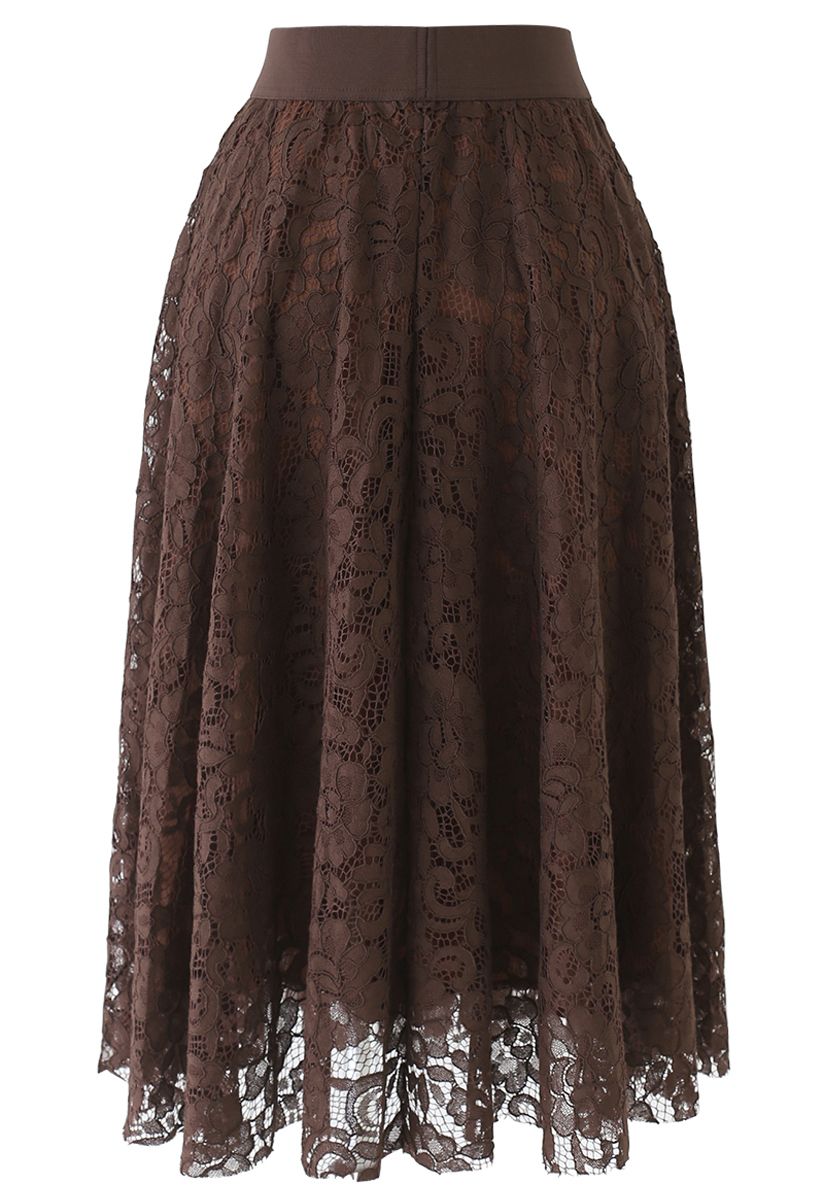 Full Floral Lace Midi Skirt in Brown